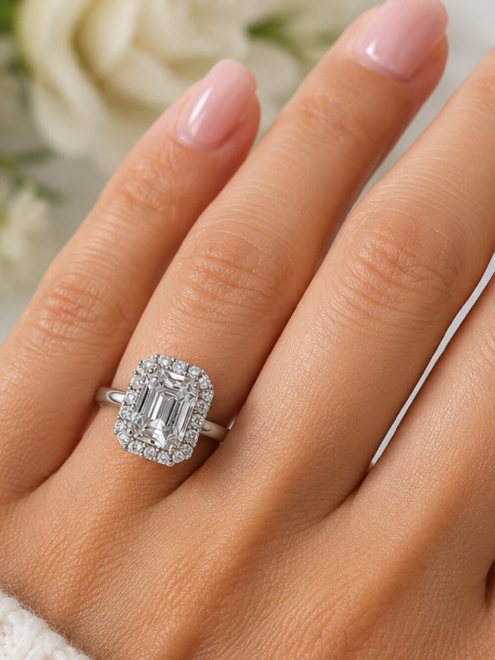 2.34CT Emerald Cut VVSD Moissanite Halo Ring 925 SS Size 9 Engagement Ring